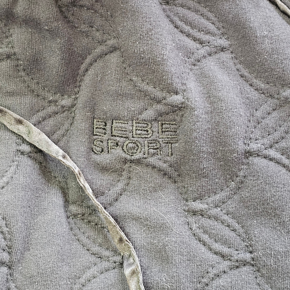 Bebe Sport Y2K Quilted Bomber Jacket Faux Fur Hood Pom Poms Black Womens Small - Picture 9 of 14